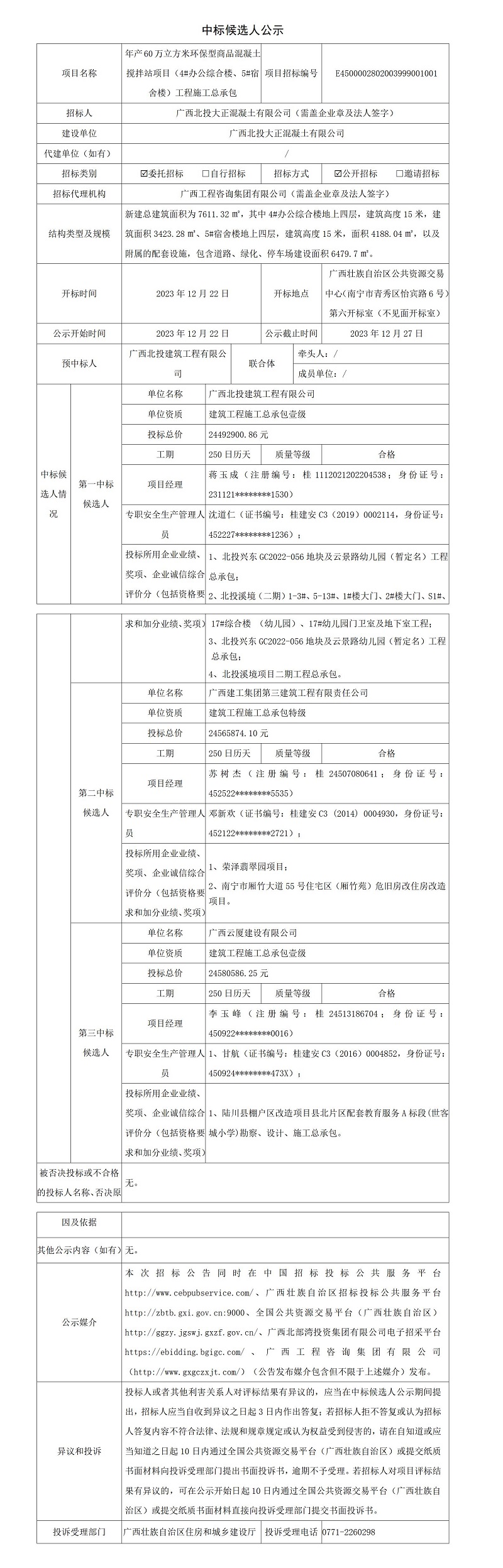 中標(biāo)候選人公示